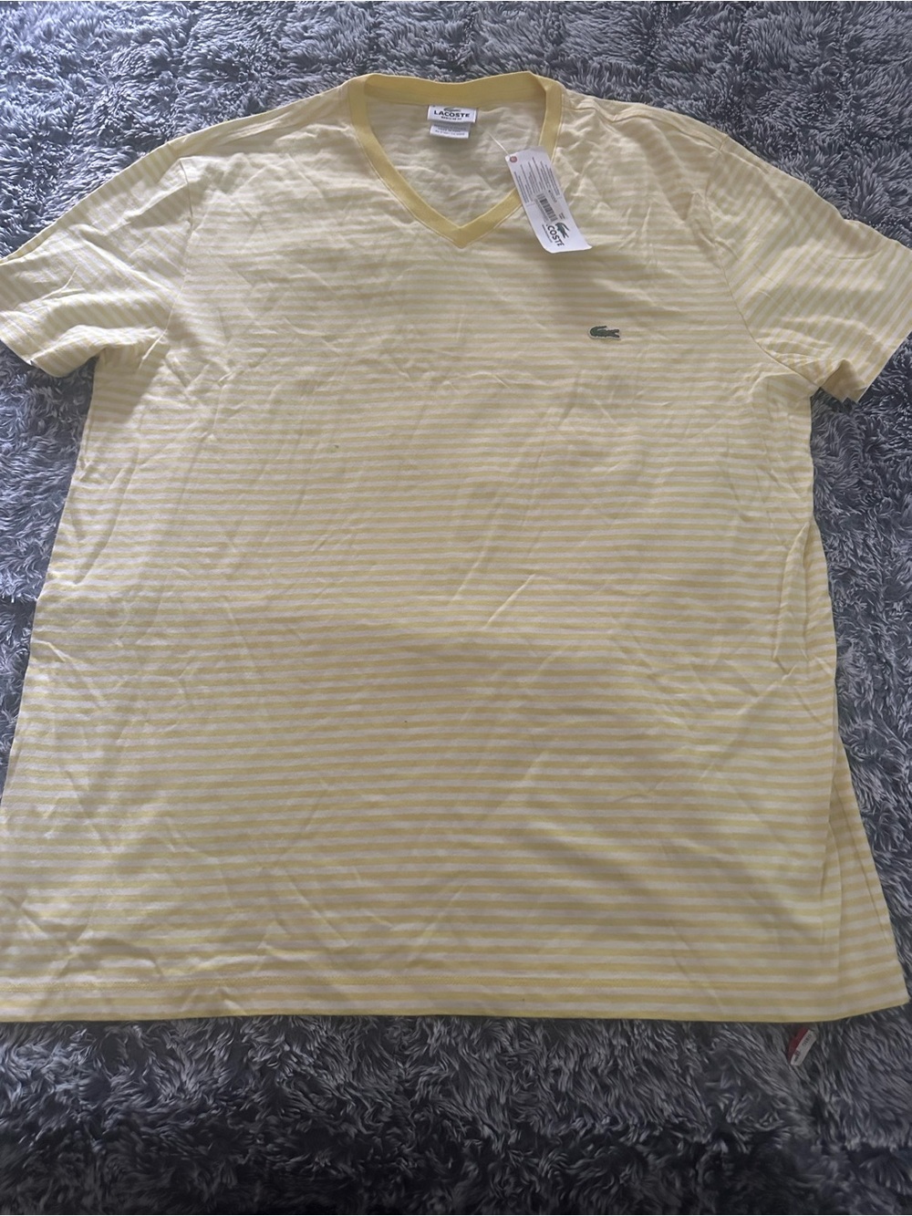 Lacoste Men's Light Yellow Striped V-Neck Tee